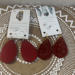 2 pair Elegant Red Leather Teardrop Earrings in gold and silver accents